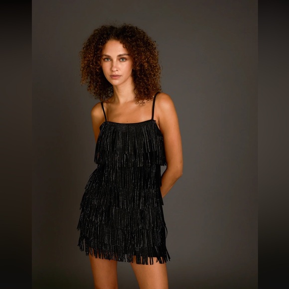 Elegant Black Fringe Mini Dress - Picture 1 of 7